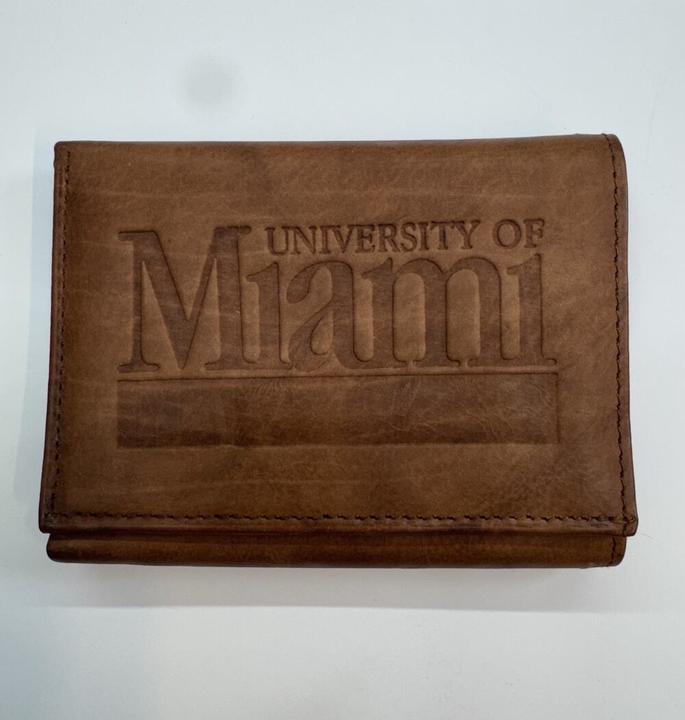 University Of Miami Leather Tri-Fold Wallet. Genuine Leather.